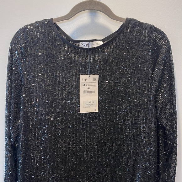 ZWT Zara Black Sequin Mini Dress Size Medium - Picture 4 of 7